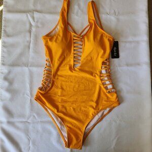 NWT Aqua Eve One Piece Cut Out Orange Bathing Suit, Size Large